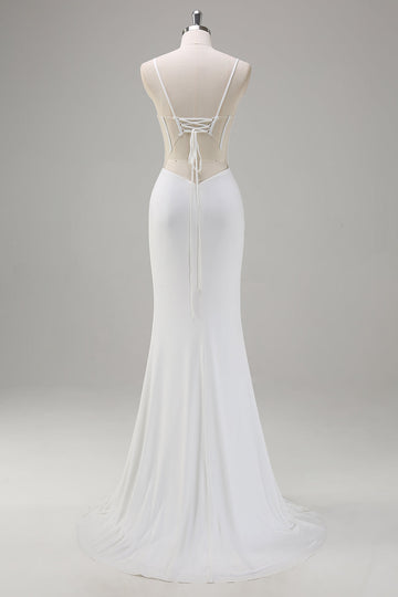 White Mermaid Spaghetti Straps Corset Long Wedding Dress with Lace Up Back